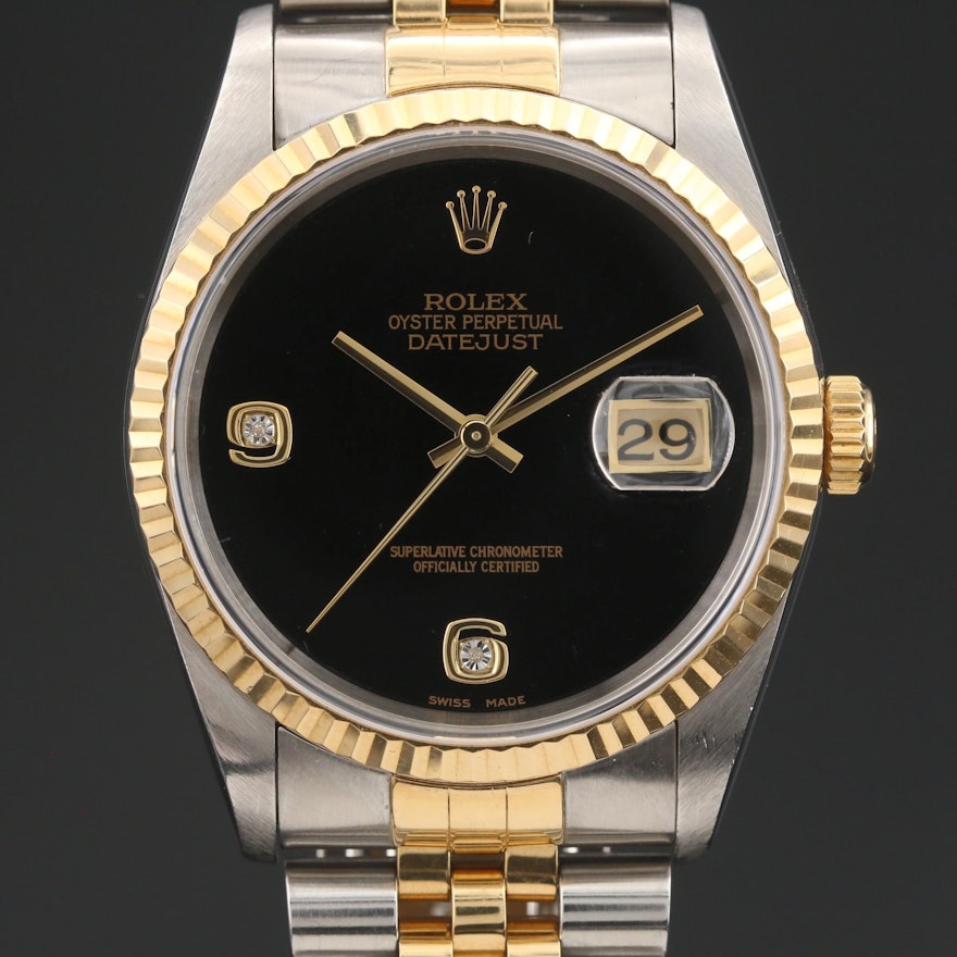 1997 Rolex Datejust Diamond Onyx Dial 18K Gold and Stainless Steel Wristwatch