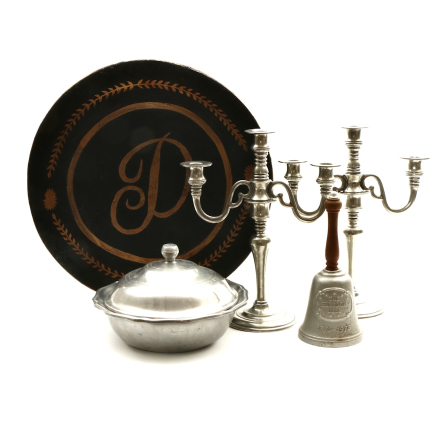 Pewter Candelabras, Wilton-Columbia Lidded Dish, Freedom Bell, and Tray