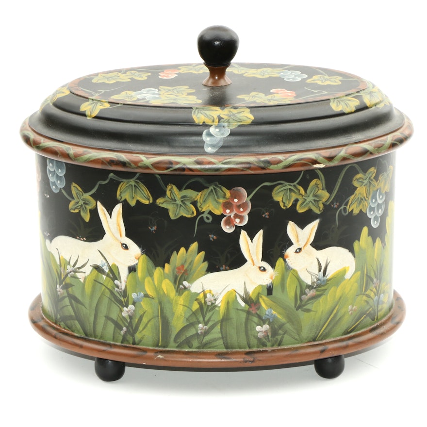 Hand-Painted Rabbit Decorative Footed Box, Contemporary