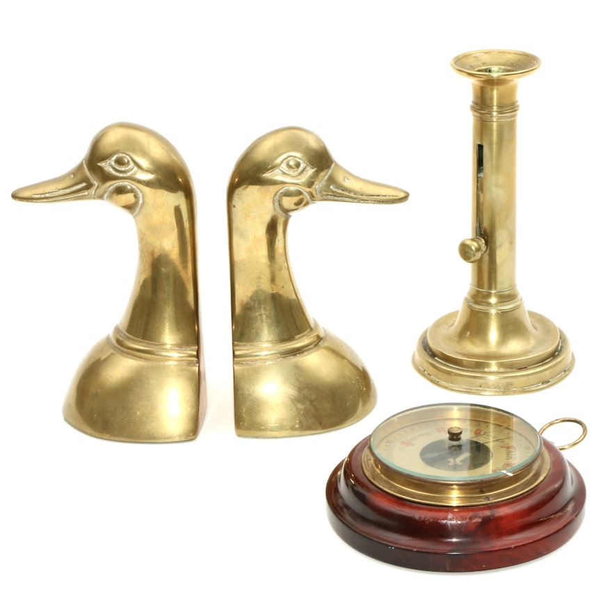 Brass Duck Bookends, Slide Ejector Candlestick and Barometer