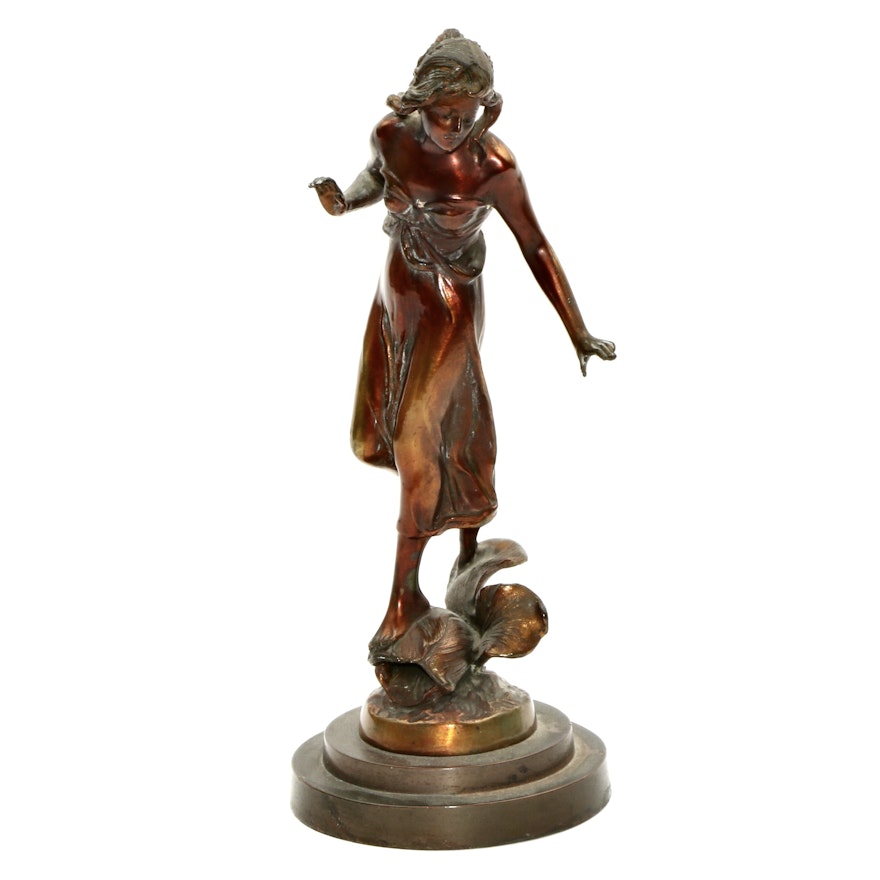 Art Nouveau Copper and Spelter Figurine of Young Woman, Late 20th Century