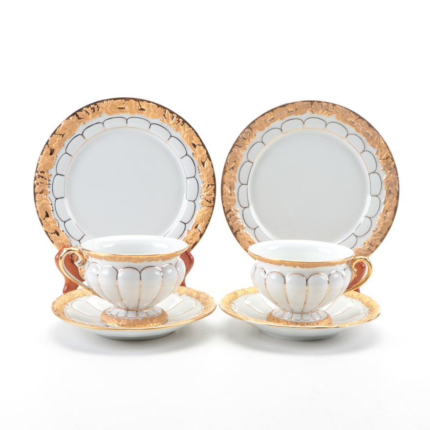 Meissen Gold Leaf Gilt Porcelain Teacups and Dessert Plates, Early-Mid 20th C.