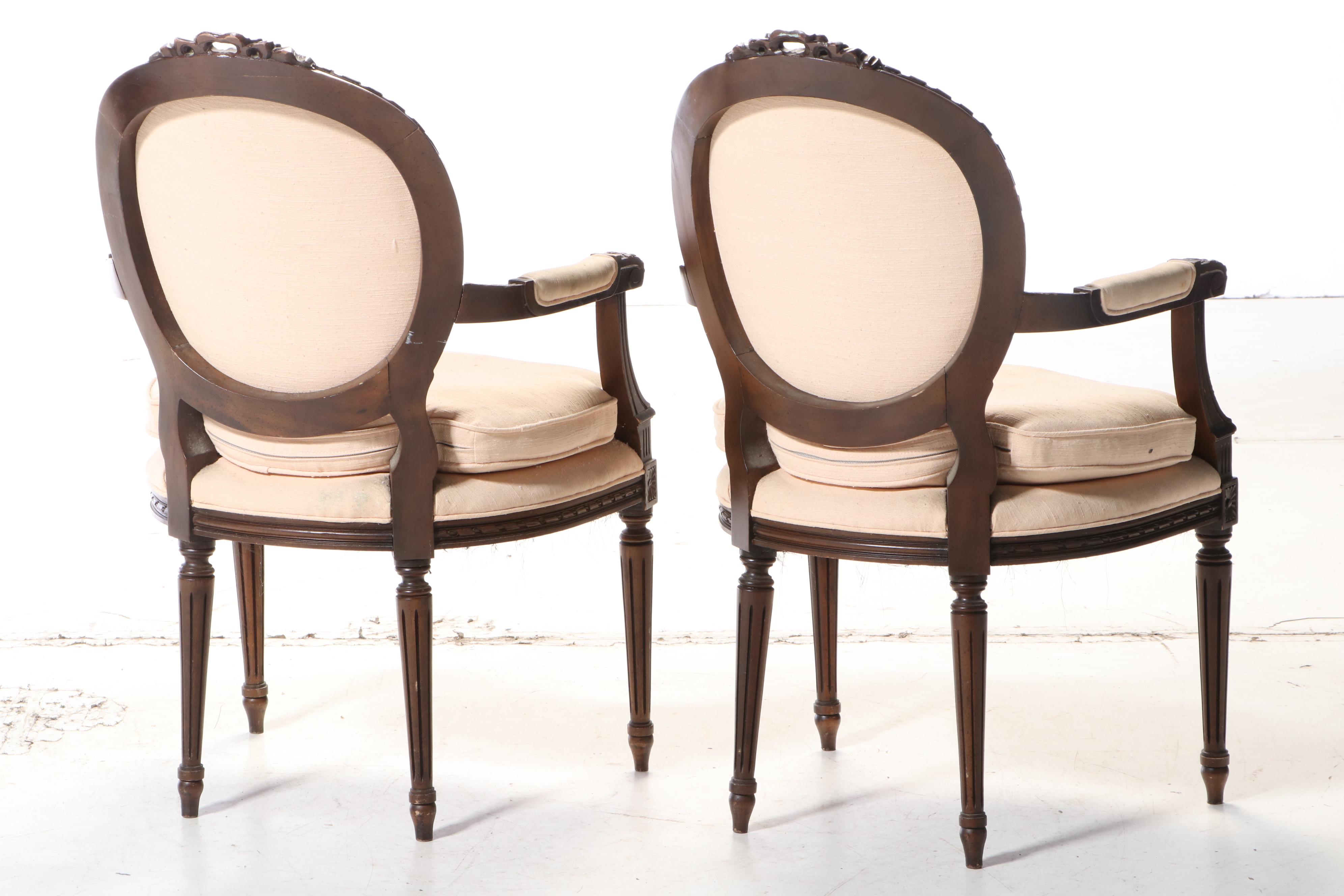 Pair of Lenoir Chair Co. Louis XVI Style Walnut Stained Fauteuils