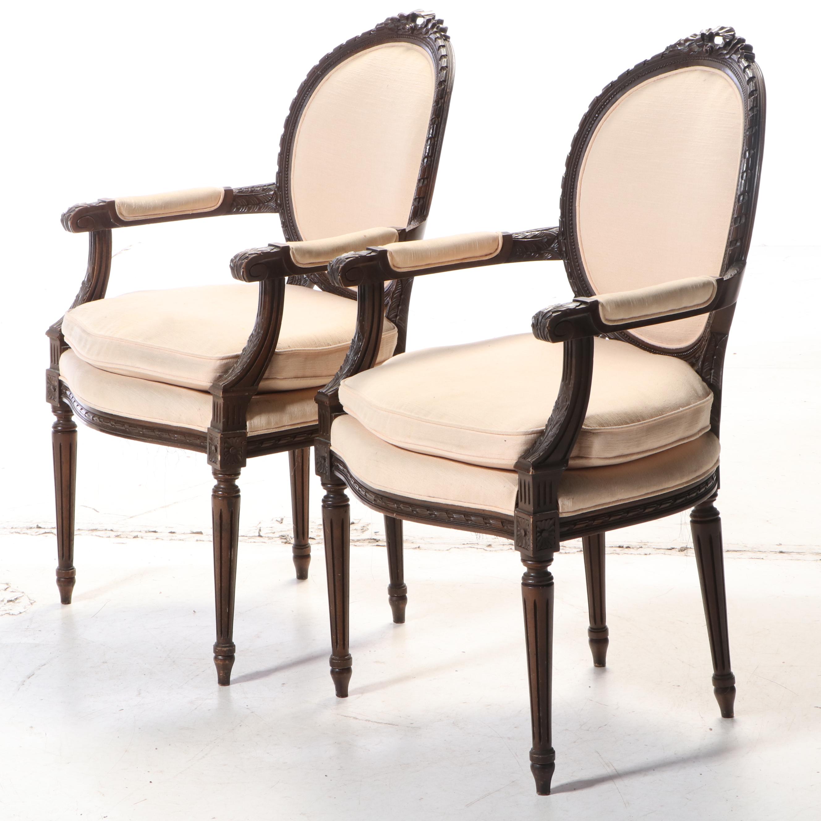 Pair of Lenoir Chair Co. Louis XVI Style Walnut Stained Fauteuils