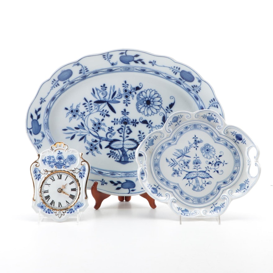 Meissen "Blue Onion" Porcelain Platters with Other Blue Onion Style Clock