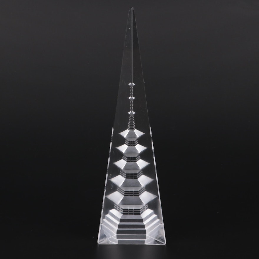 Acrylic Reverse Cut Obelisk Paperweight with Pagoda Design