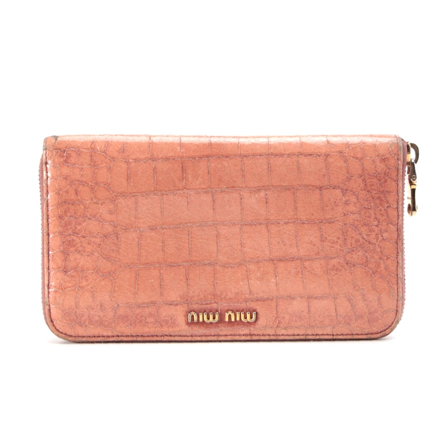 Miu Miu Croc-Embossed Leather Zip Wallet in Coral