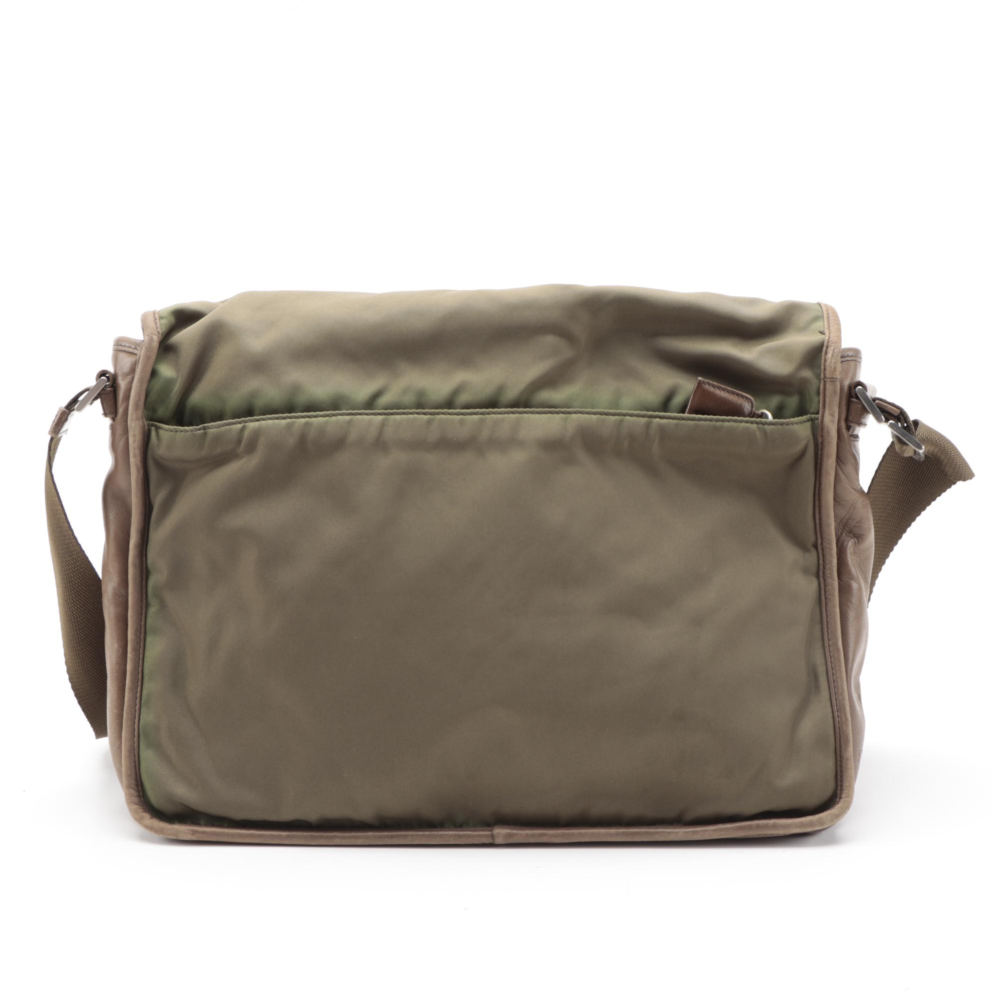 Prada Tessuto Messenger Bag in Olive Green Nylon and Brown Nappa Leather