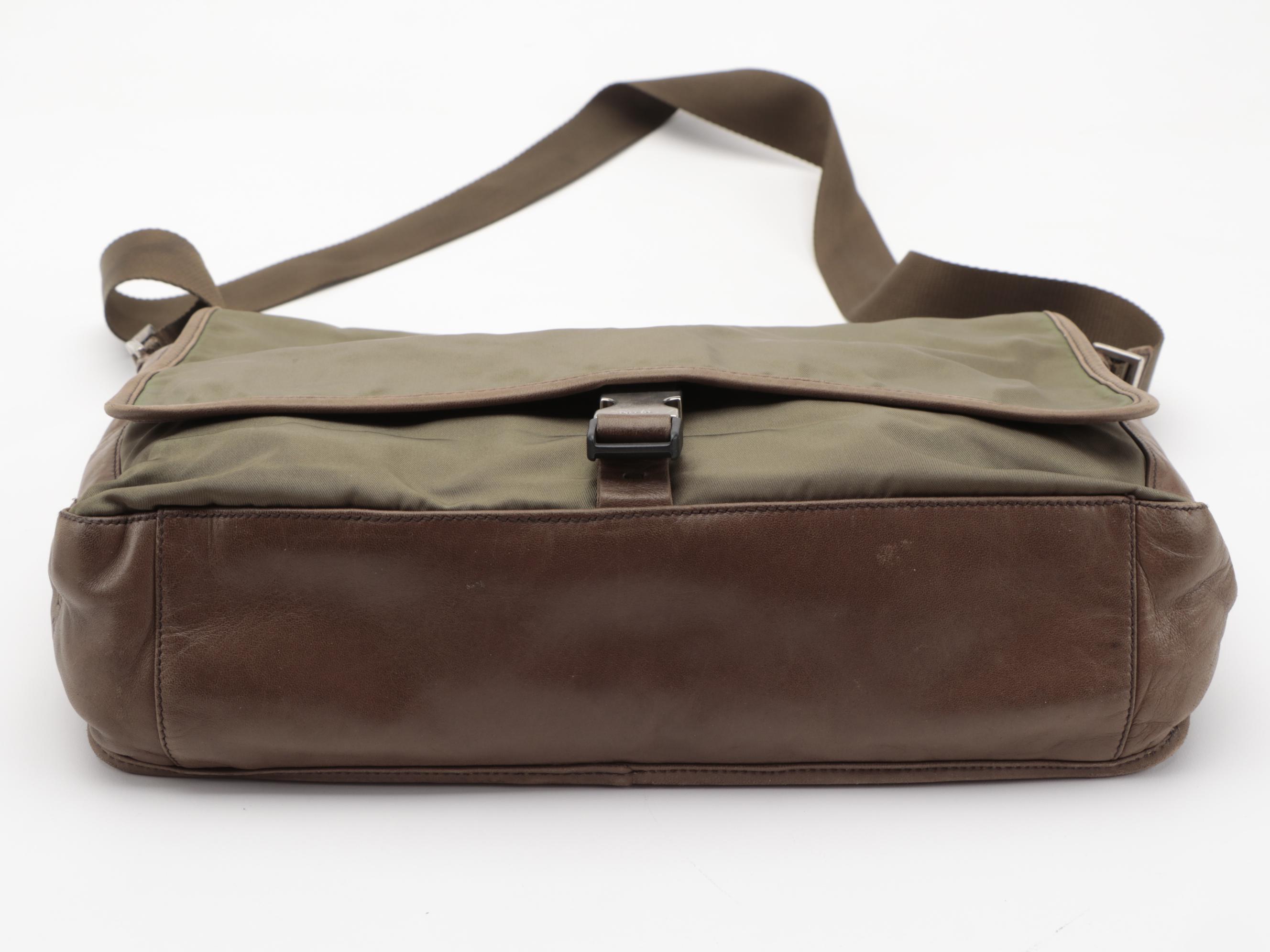 Prada Tessuto Messenger Bag in Olive Green Nylon and Brown Nappa Leather