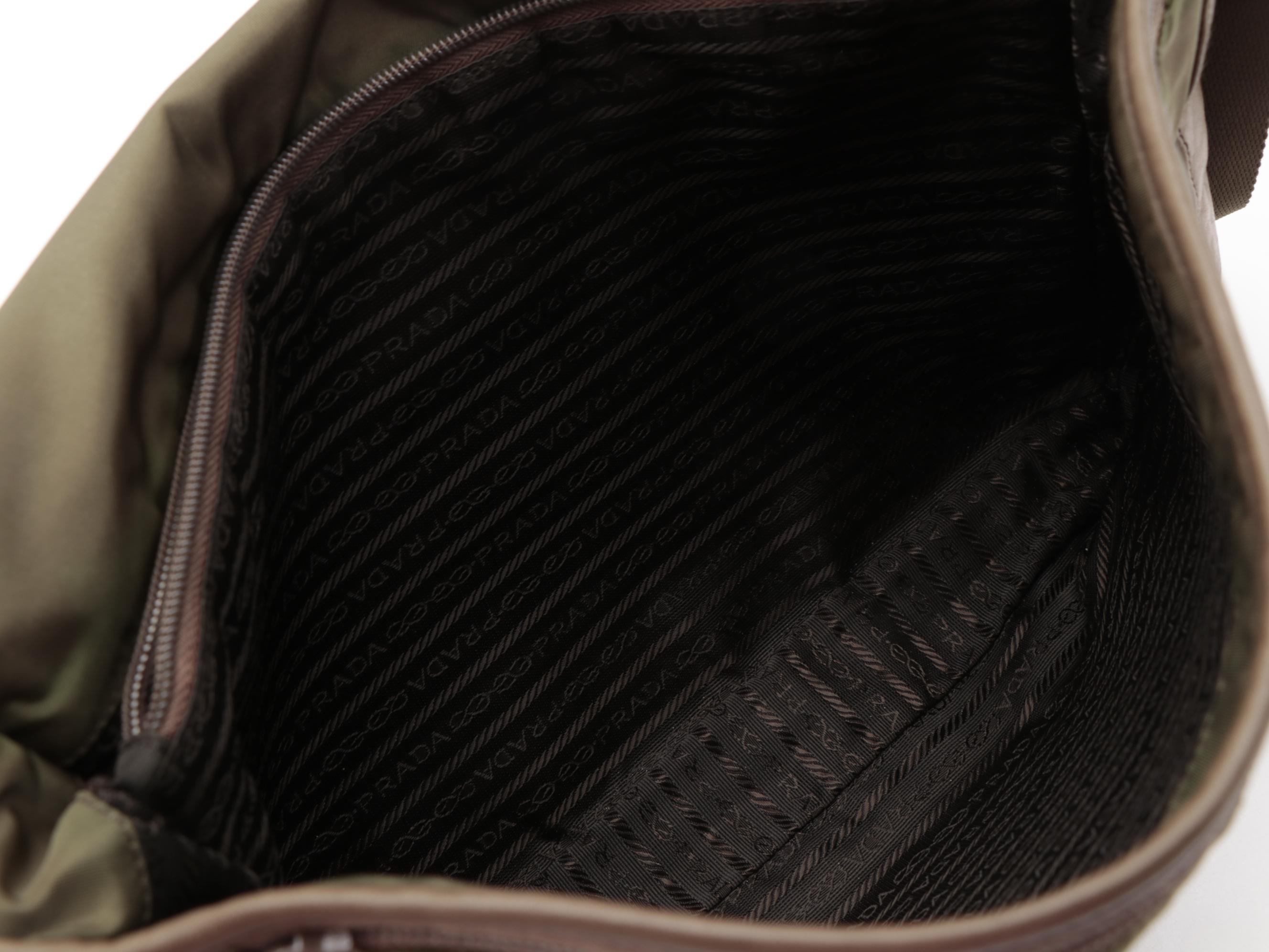 Prada Tessuto Messenger Bag in Olive Green Nylon and Brown Nappa Leather