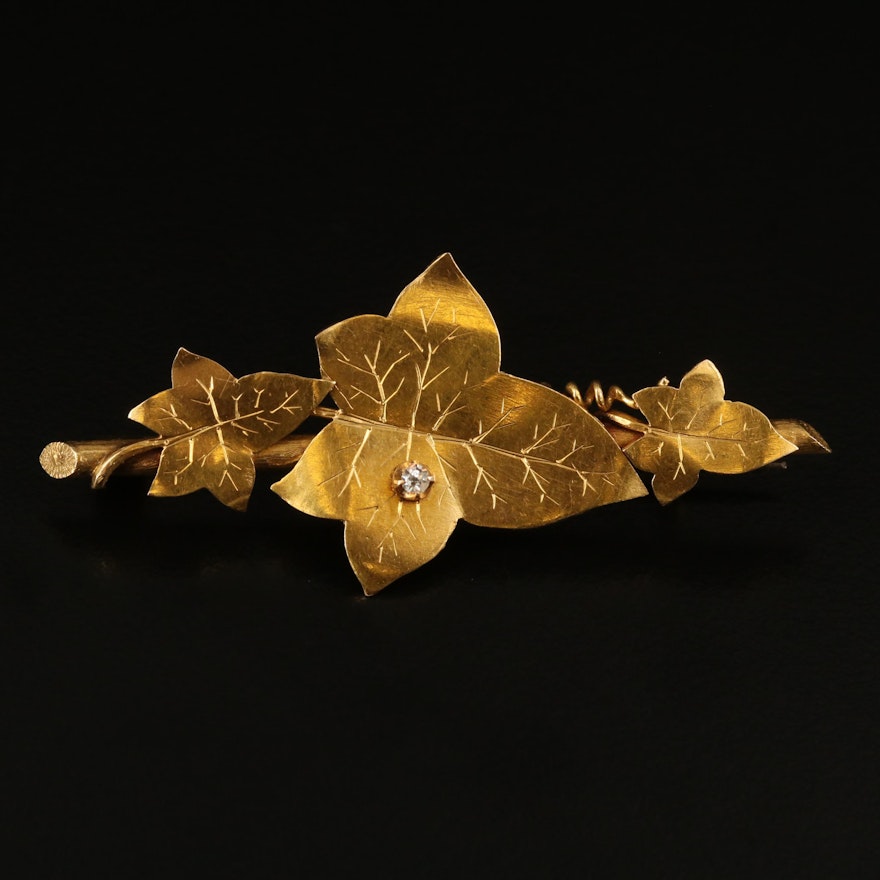 Arts and Crafts 14K Diamond Appliqué Maple Leaf Brooch