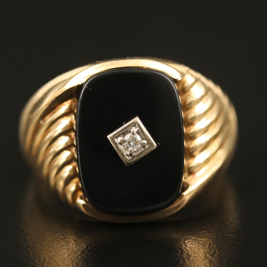 10K Diamond and Black Onyx Ring with Fluted Detail