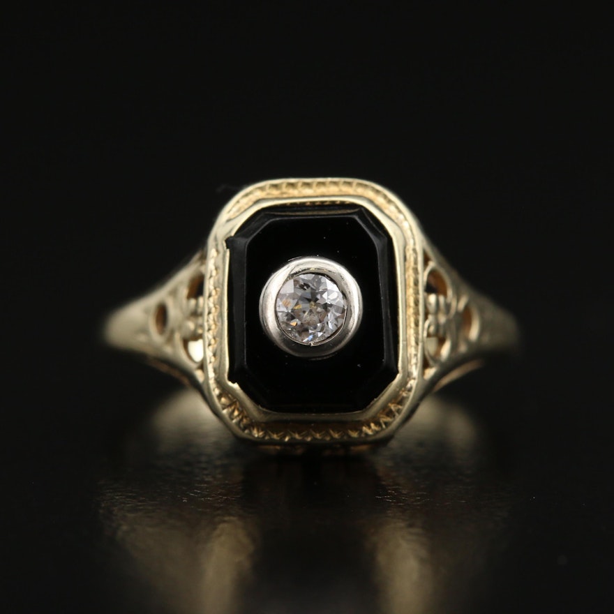 Art Deco 14K Diamond and Black Onyx Ring with 18K Detail