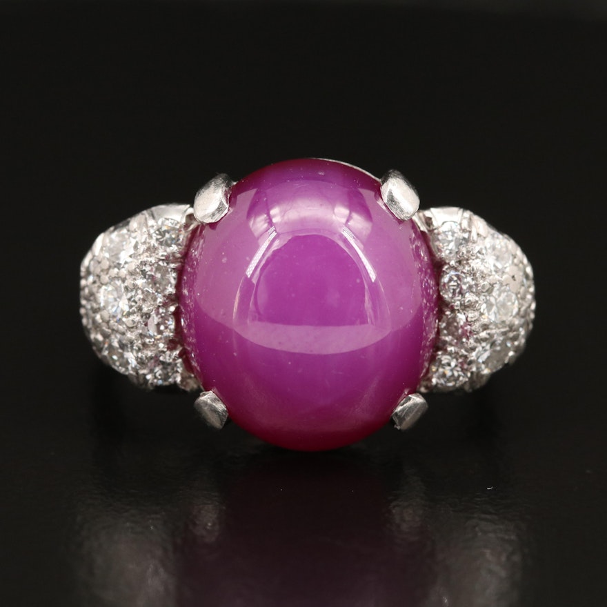 Retro Platinum 12.00 CT Star Sapphire Ring with 1.00 CTW Pavé Diamond Shoulders