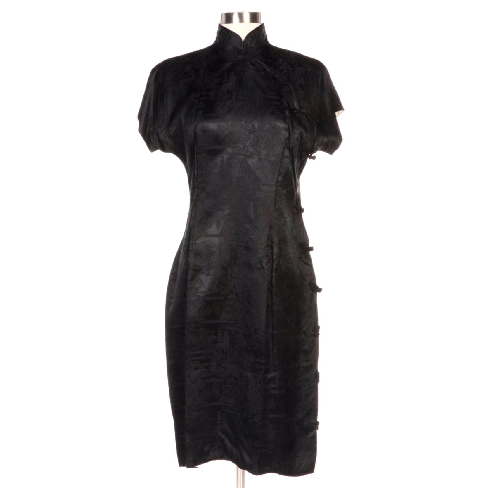 Japanese Fuku Black Pagoda Brocade Cheongsam Style Dress