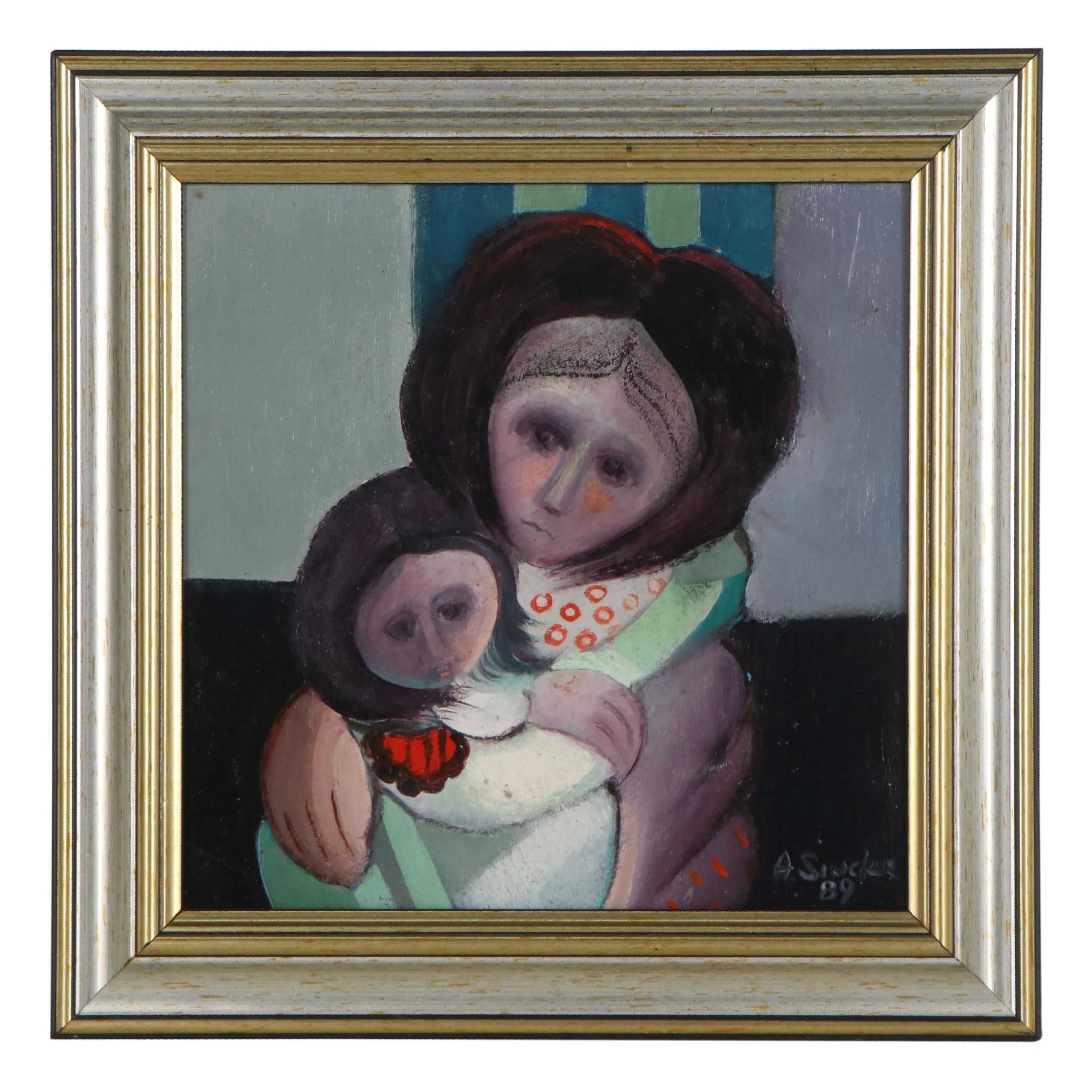 Alfredo Sinclair Oil Painting of Mother and Child, 1989