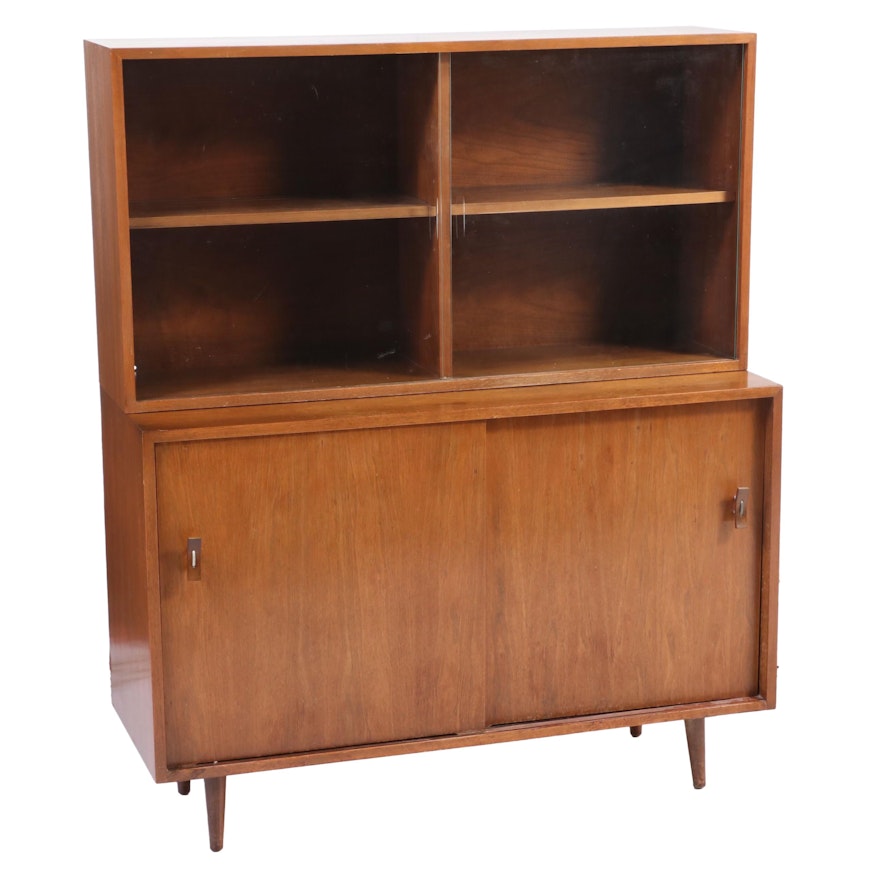 Mid Century Modern Walnut Veneer Sideboard with Glass Front Hutch