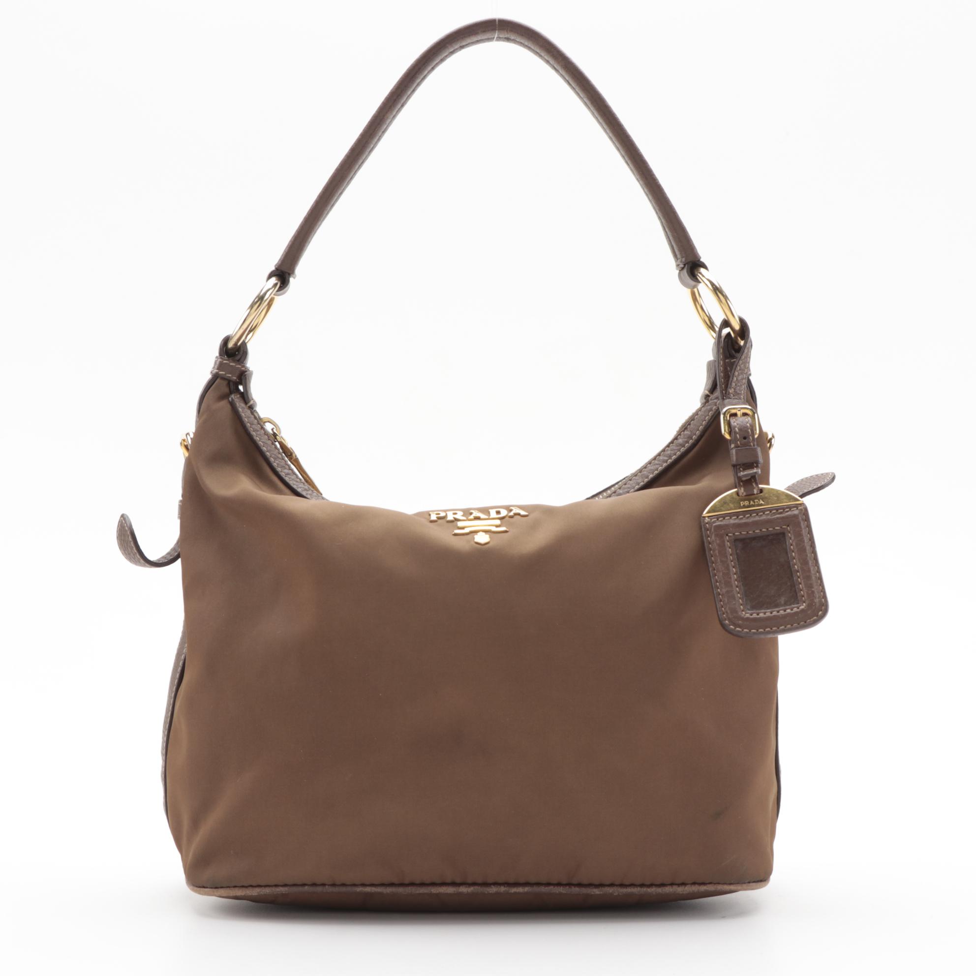 Prada Brown Nylon Shoulder Bag with Leather Trim
