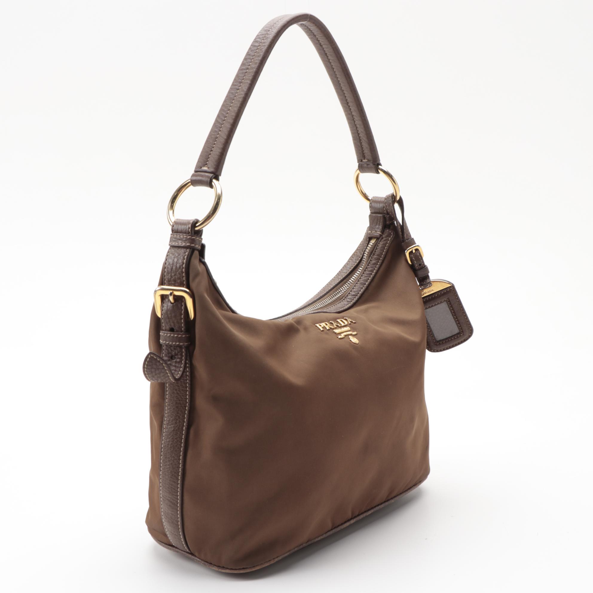 Prada Brown Nylon Shoulder Bag with Leather Trim