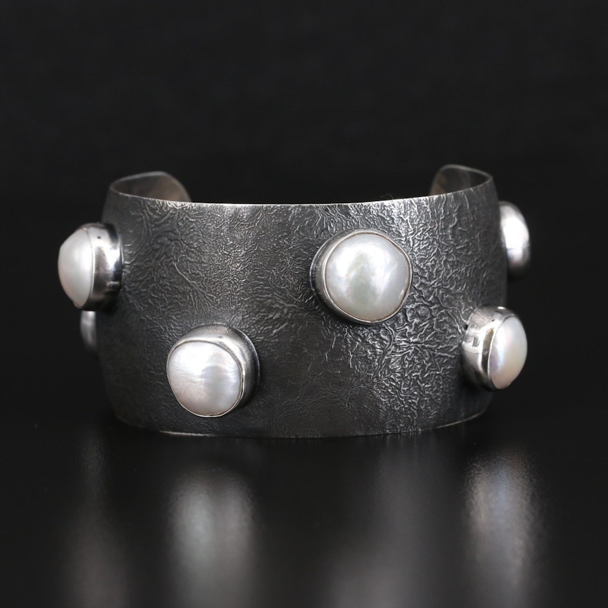 Mexican Sterling Bezel Set Pearl Cuff