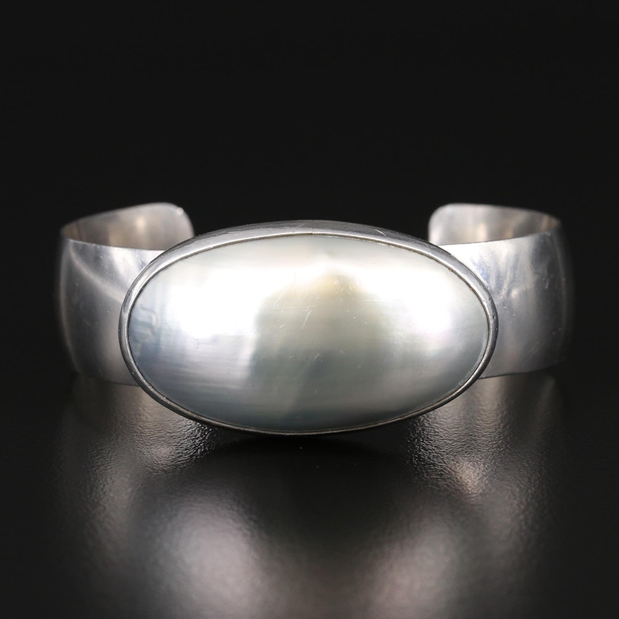 Sterling Silver Bezel Set Pearl Cuff