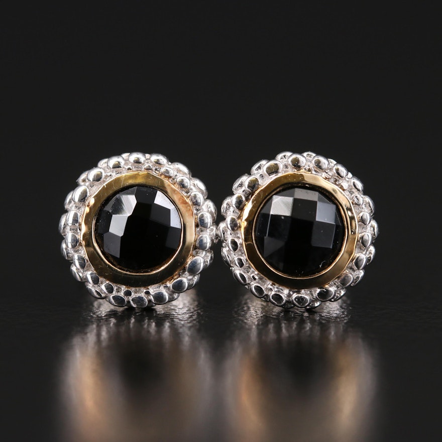 Sterling Bezel Set Black Onyx Stud Earrings with 18K Accents