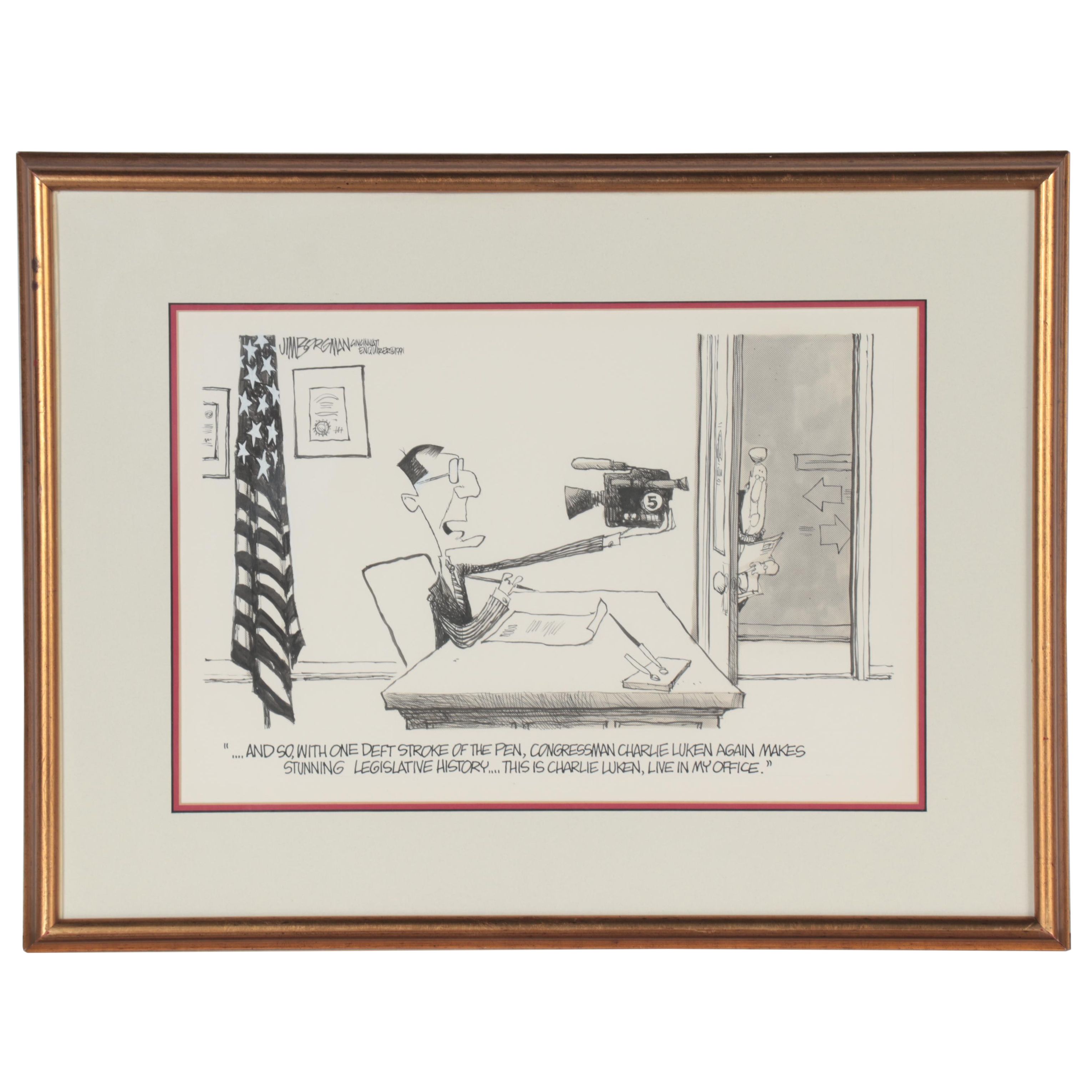 Jim Borgman Cartoon Ink Drawing of Charlie Luken, 1991
