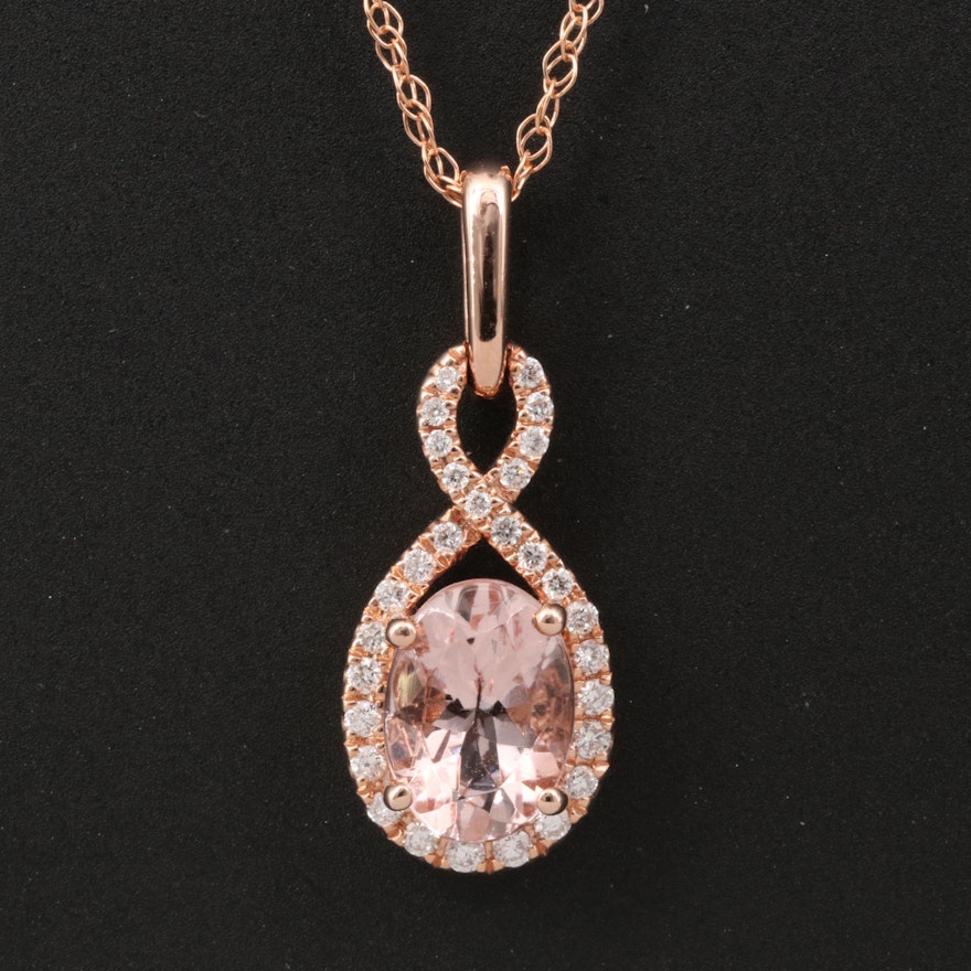 14K Rose Gold Morganite and Diamond Pendant Necklace with Twist Design