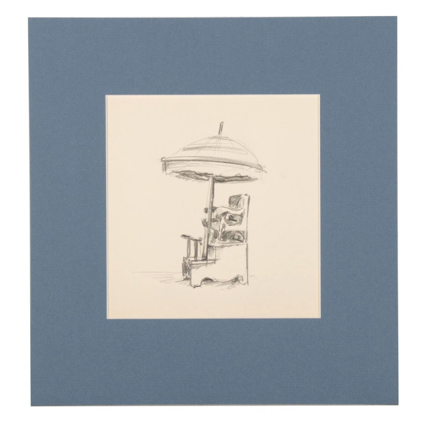 W. Glen Davis Graphite Drawing of a Shoe Shine Chair with Umbrella
