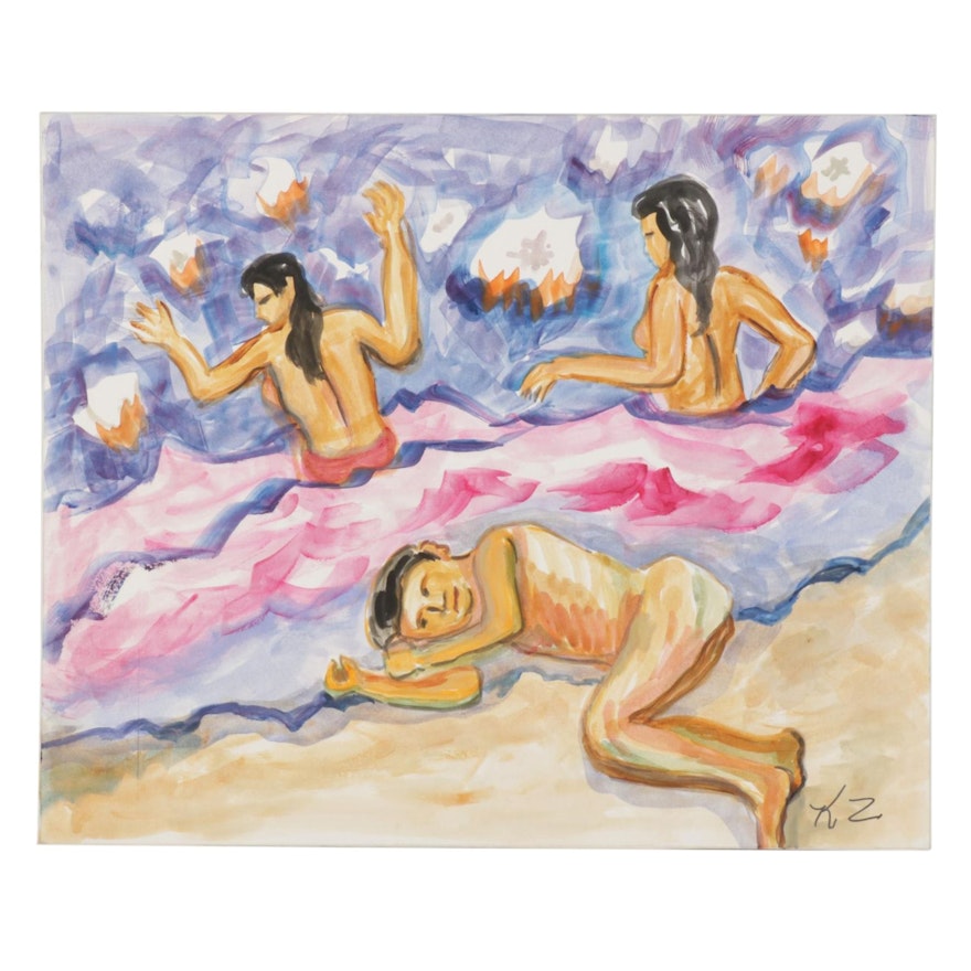 Kathleen Zimbicki Watercolor Painting of Ocean Bathers