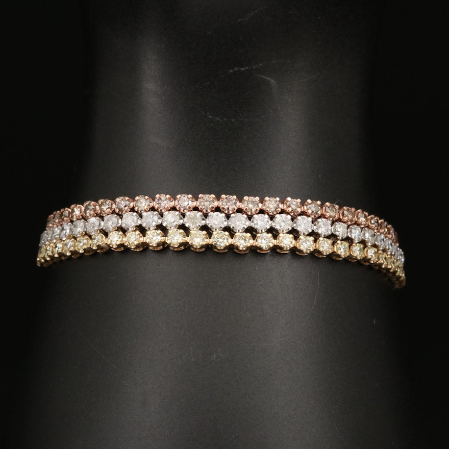 18K Tri-Color Gold 8.11 CTW Diamond Multi-Strand Line Bracelet