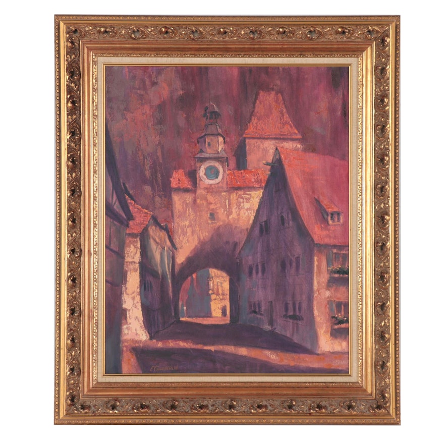 E. Chamberlin Oil Painting "Rothenburg," Late 20th Century