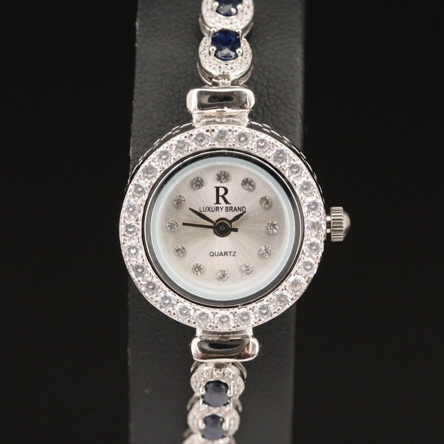 R Luxury Brand Sterling Sapphire and Cubic Zirconia Wristwatch