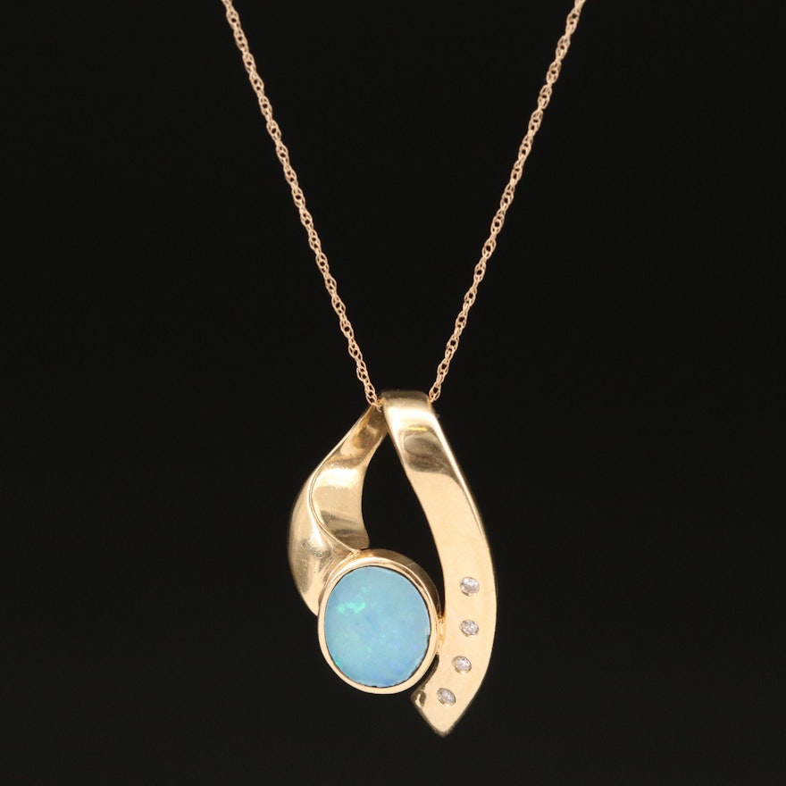 Contemporary 14K Opal Doublet and Diamond Pendant Necklace