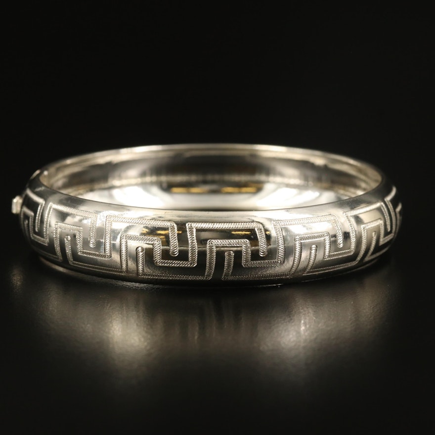 Italian Sterling Bangle with Engraved Greek Key Details