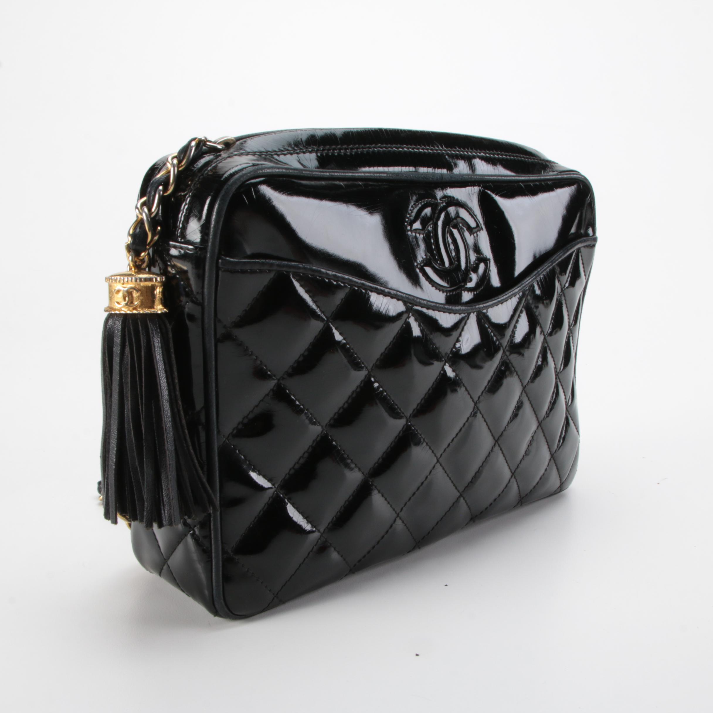 Chanel CC Quilted Tassel Camera Bag in Black Patent Leather
