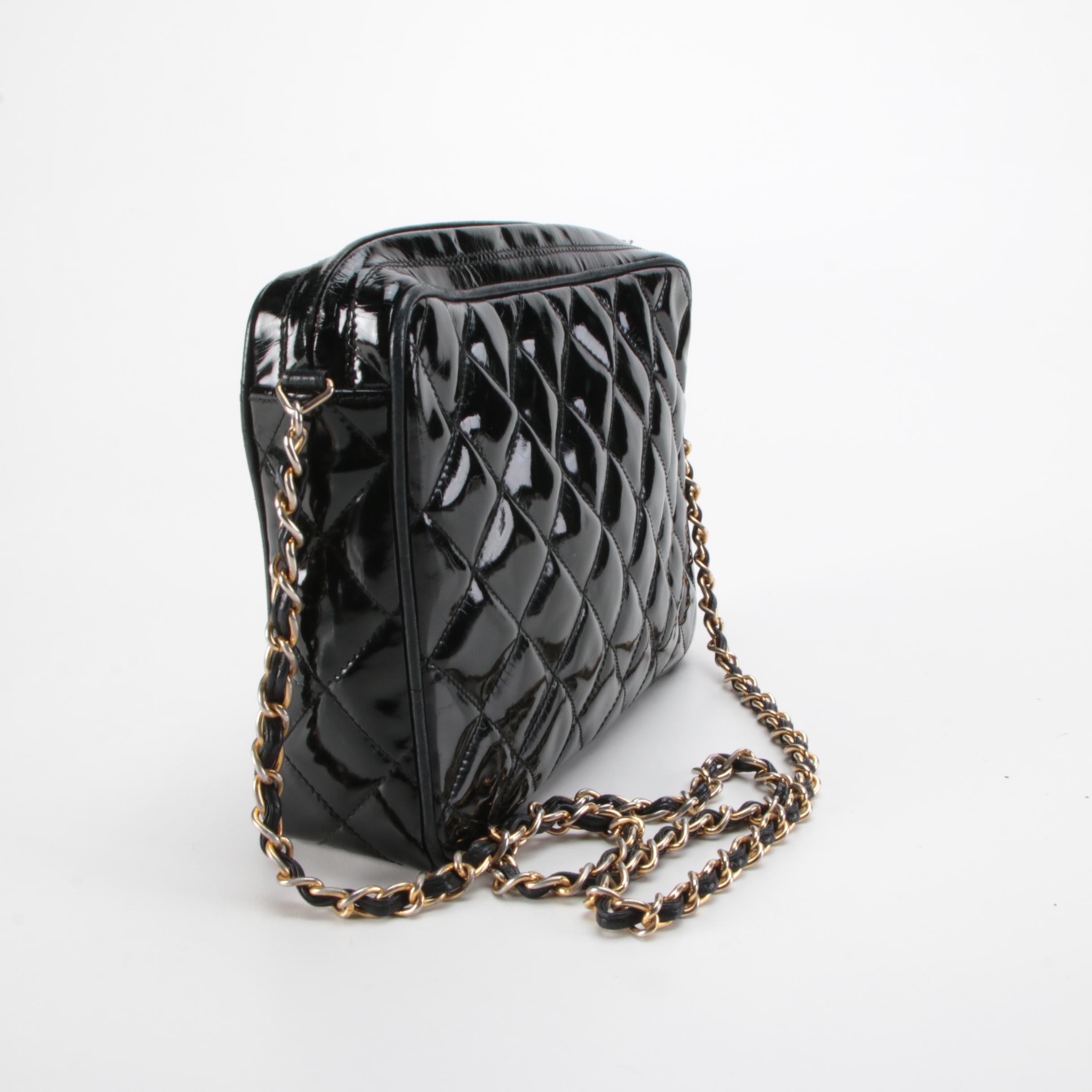Chanel CC Quilted Tassel Camera Bag in Black Patent Leather