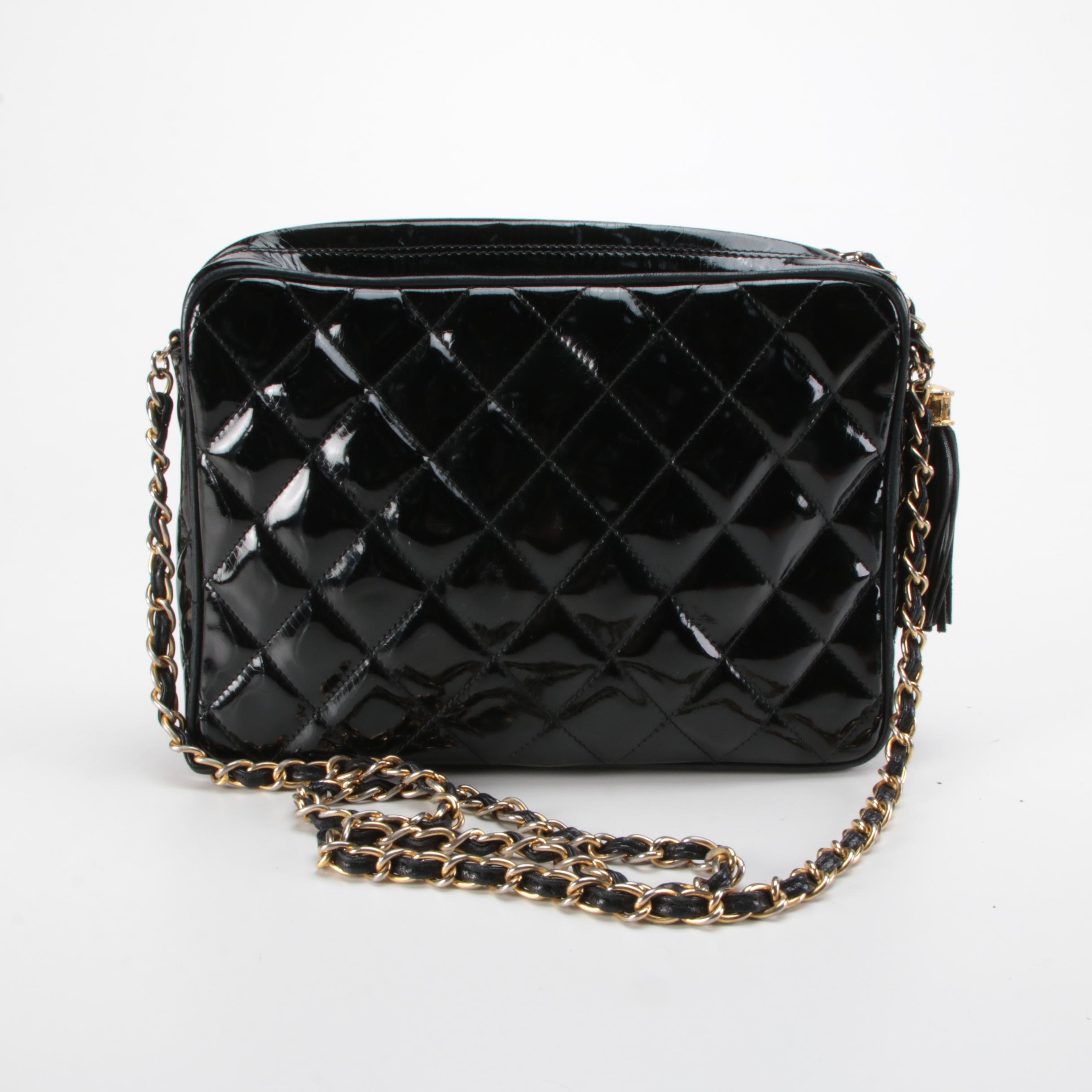 Chanel CC Quilted Tassel Camera Bag in Black Patent Leather
