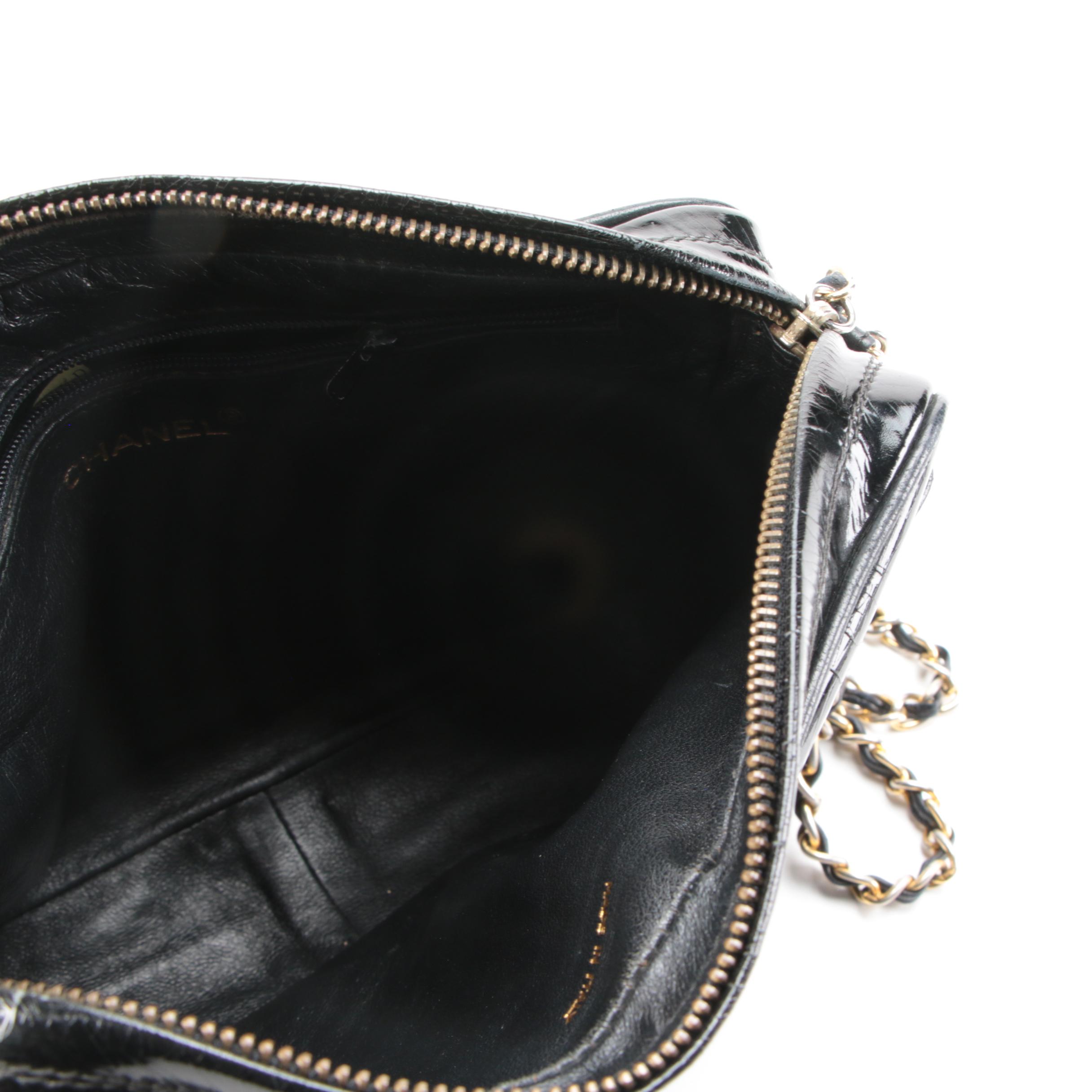 Chanel CC Quilted Tassel Camera Bag in Black Patent Leather