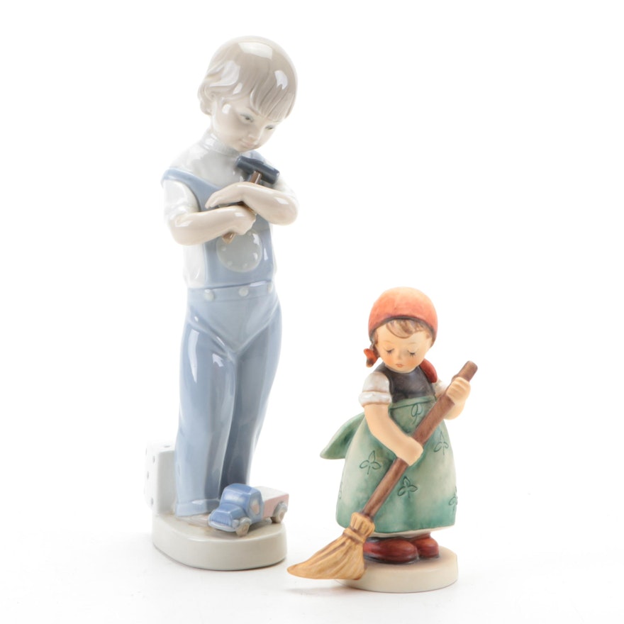 Lladró "Mechanic Boy" and Goebel "Little Sweeper" Porcelain Hummel Figurine