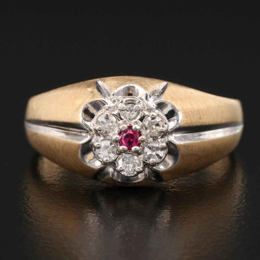 14K Diamond and Ruby Belcher Ring with Brushed Finish