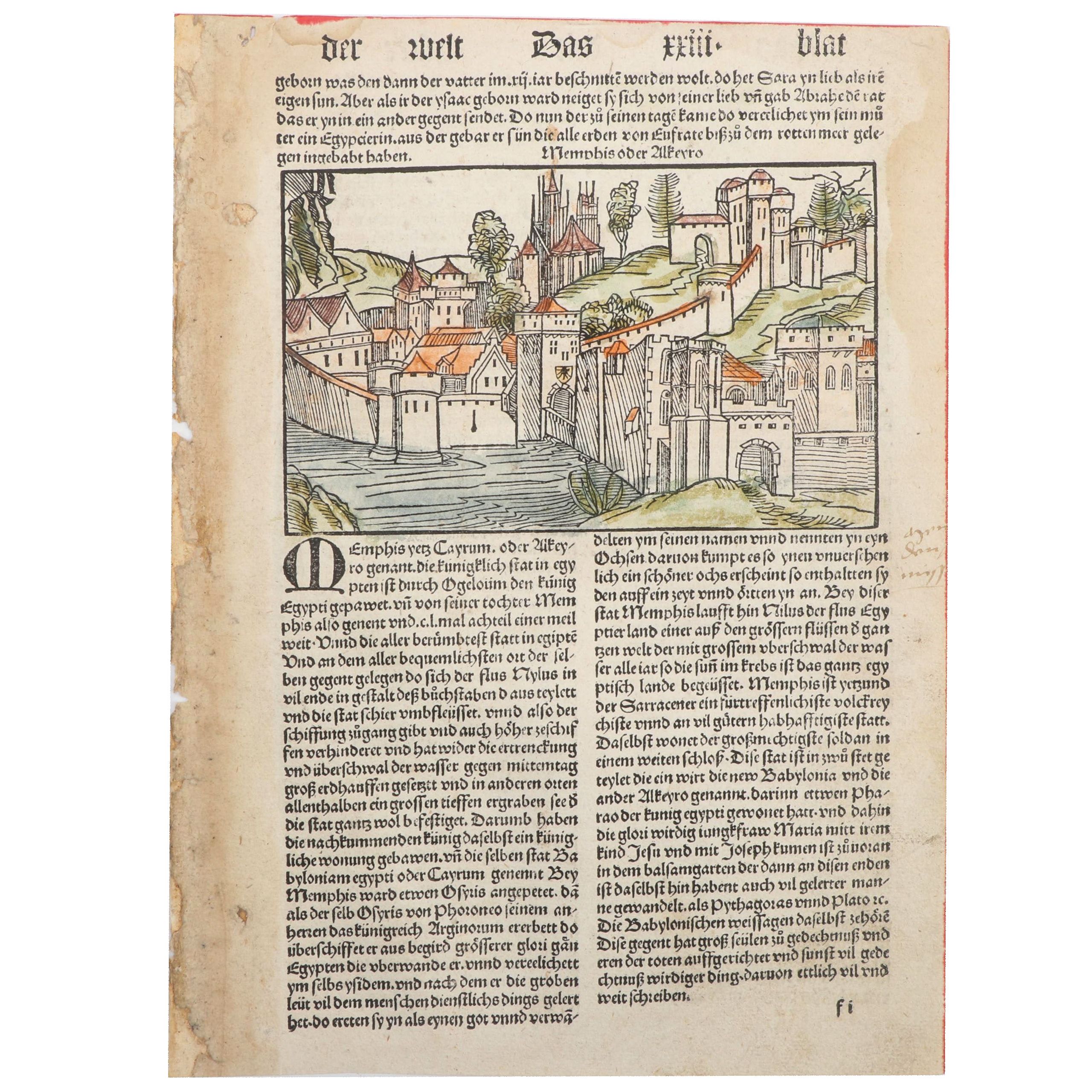 Nuremberg Chronicle "Memphis yetz Cayrum" Leaf, c. 1496