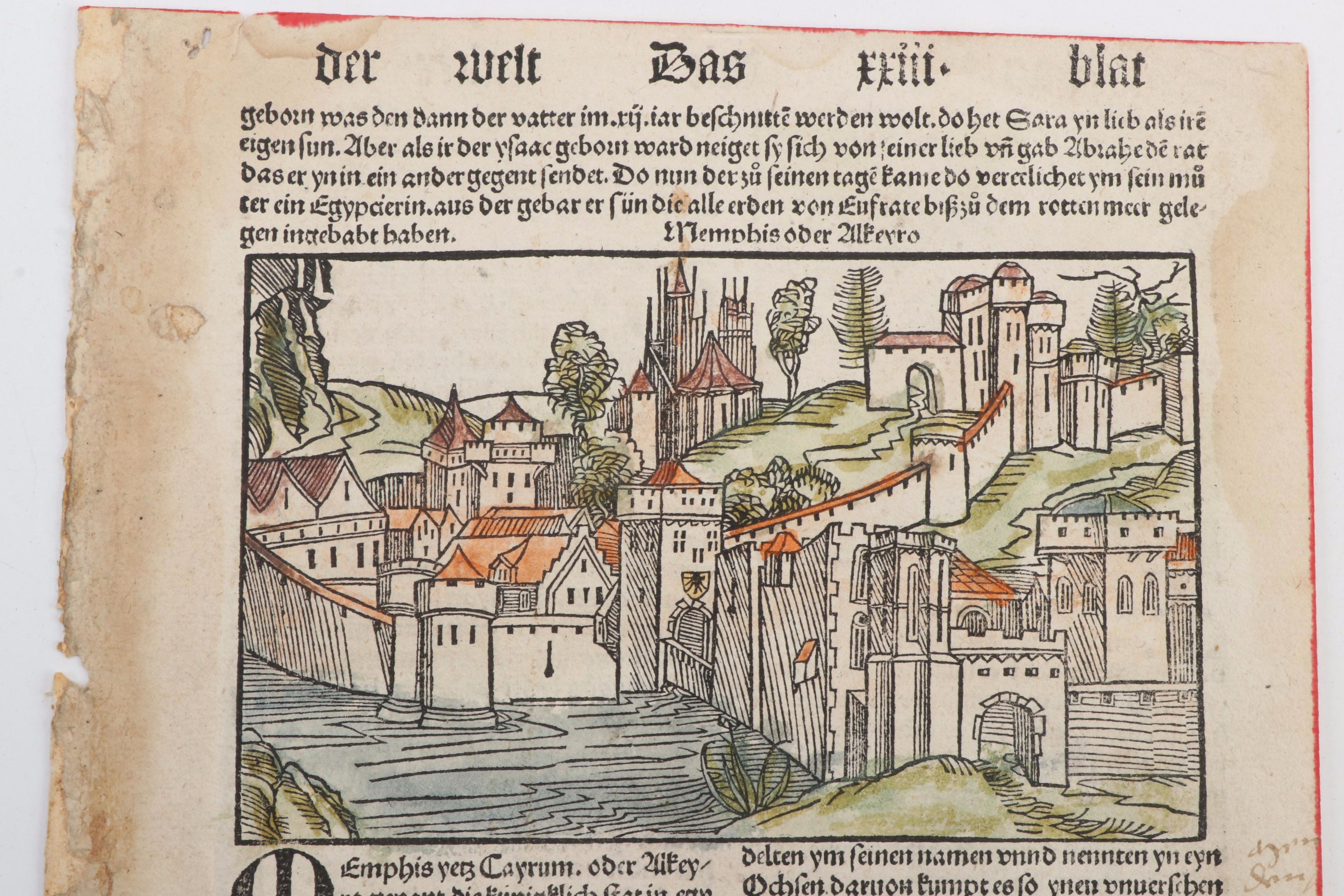 Nuremberg Chronicle "Memphis yetz Cayrum" Leaf, c. 1496