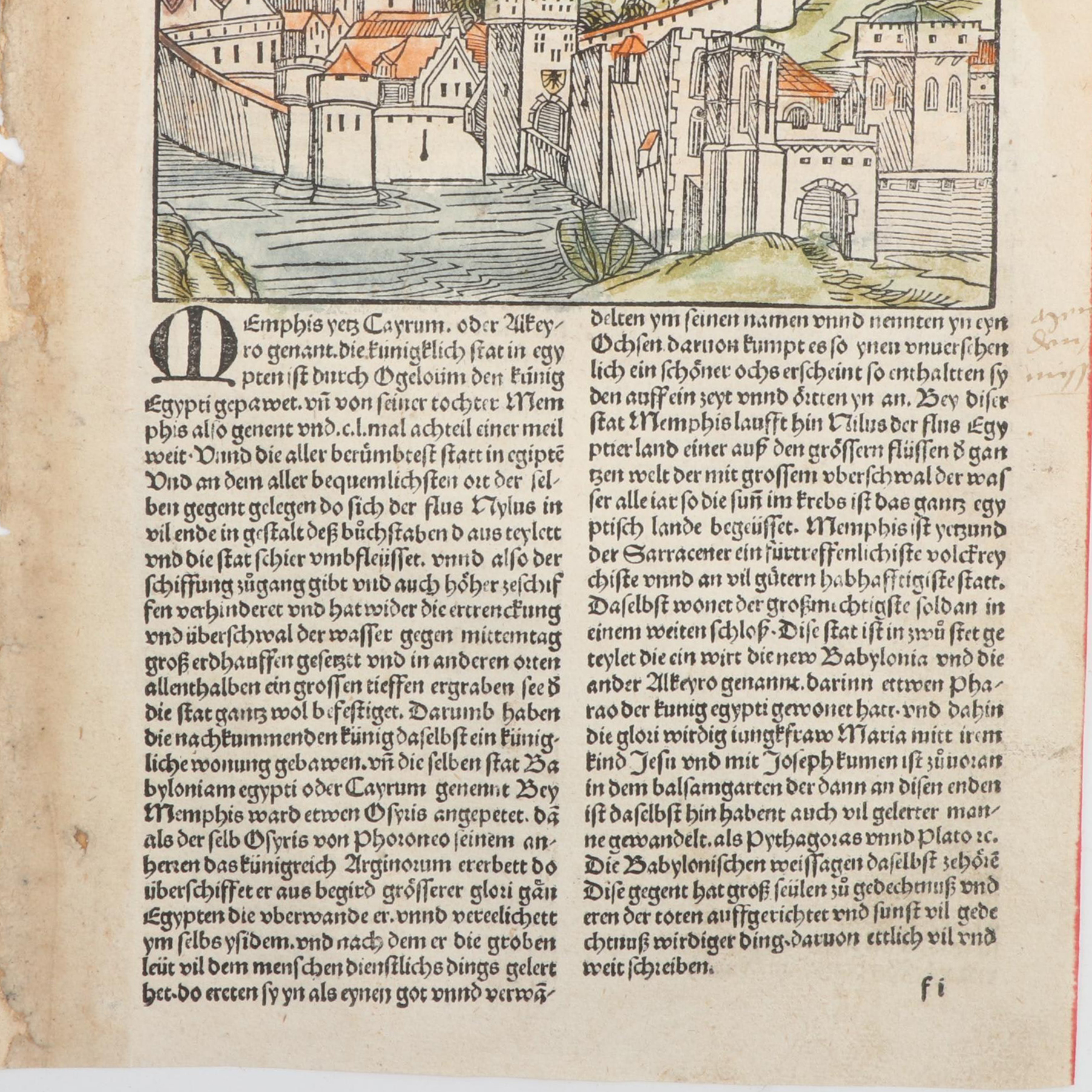 Nuremberg Chronicle "Memphis yetz Cayrum" Leaf, c. 1496