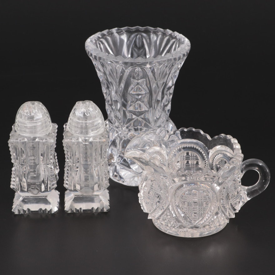 Cut Glass Vase, Creamer and Shakers