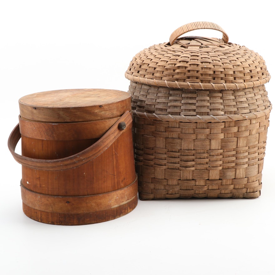 Primitive Pine Firkin with Lidded Woven Storage Basket