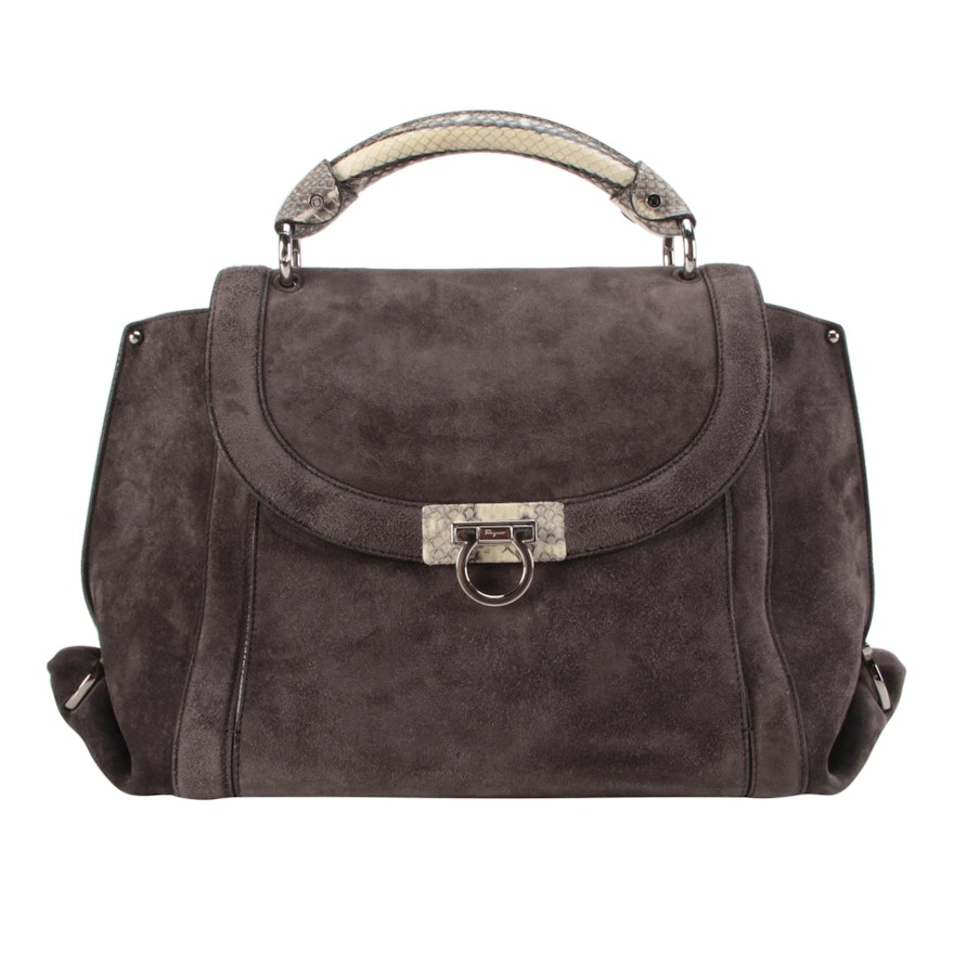 Salvatore Ferragamo Sofia Soft Medium Bag in Suede with Snakeskin Leather Trim