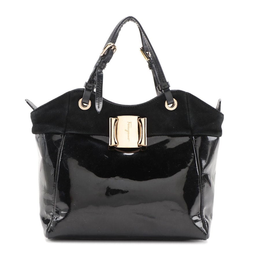 Salvatore Ferragamo Black Patent Leather and Suede Two-Way Bag