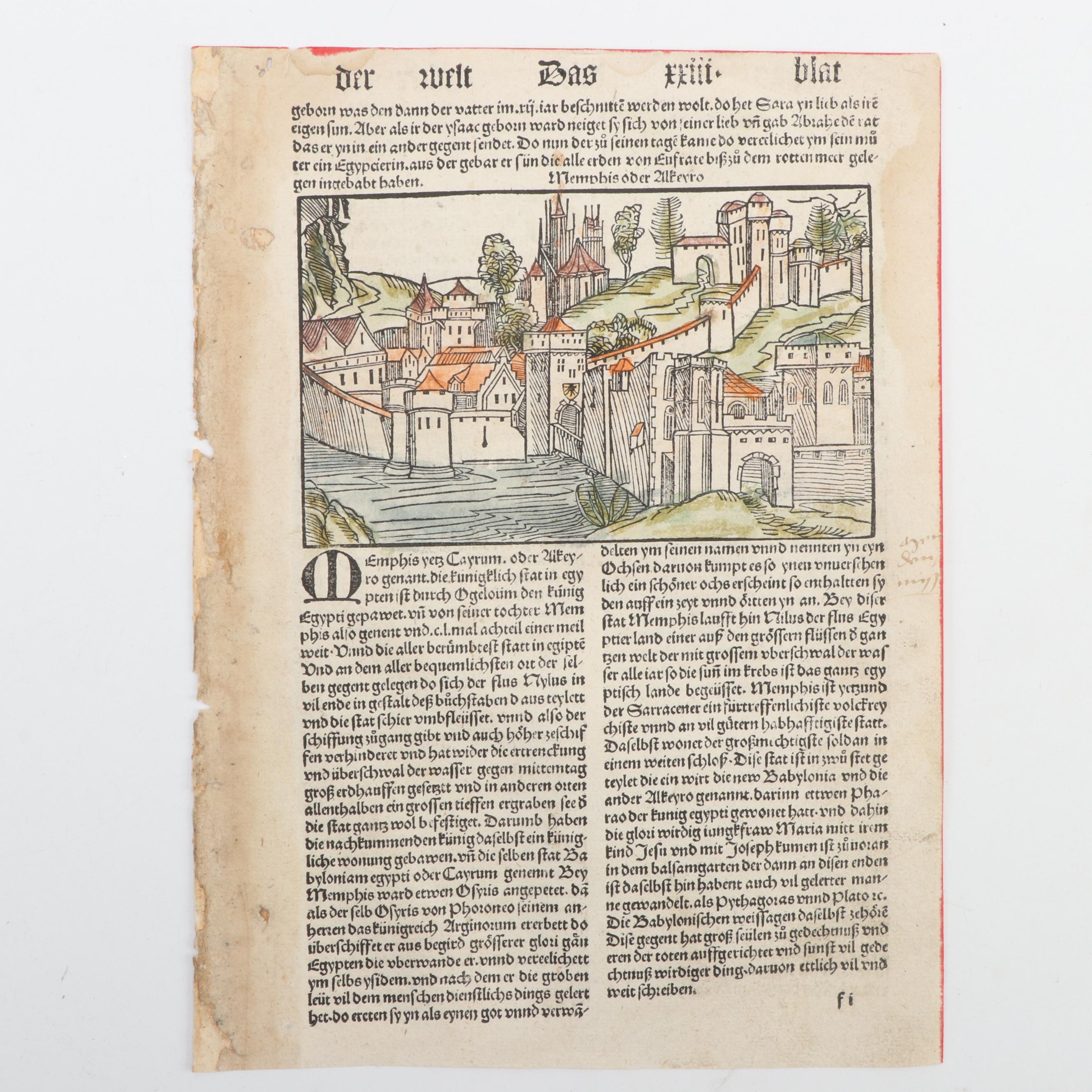 Nuremberg Chronicle "Memphis yetz Cayrum" Leaf, c. 1496