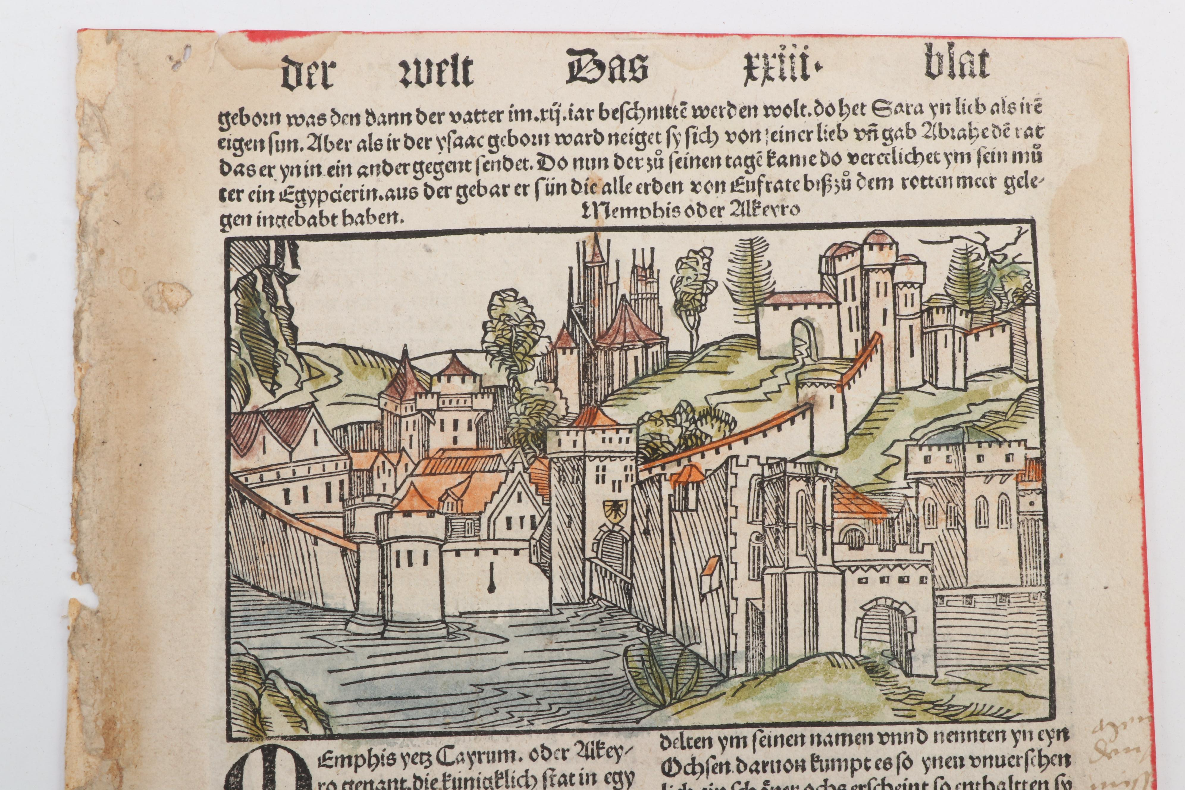 Nuremberg Chronicle "Memphis yetz Cayrum" Leaf, c. 1496